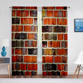 Ярки цветни завеси, изработени от прозрачен воал с принтом в тухлена стена за кухня, всекидневна, спални, интериор, модерни тюлевые завеси за обработка на прозорци