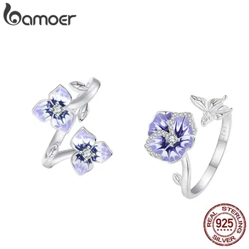 Bamoer 925 Сребро, за да създадете пръстен с цвете теменуга, Цветни Пръстени, дограма от Паве, платиновое Покритие CZ, луксозен подарък за жена